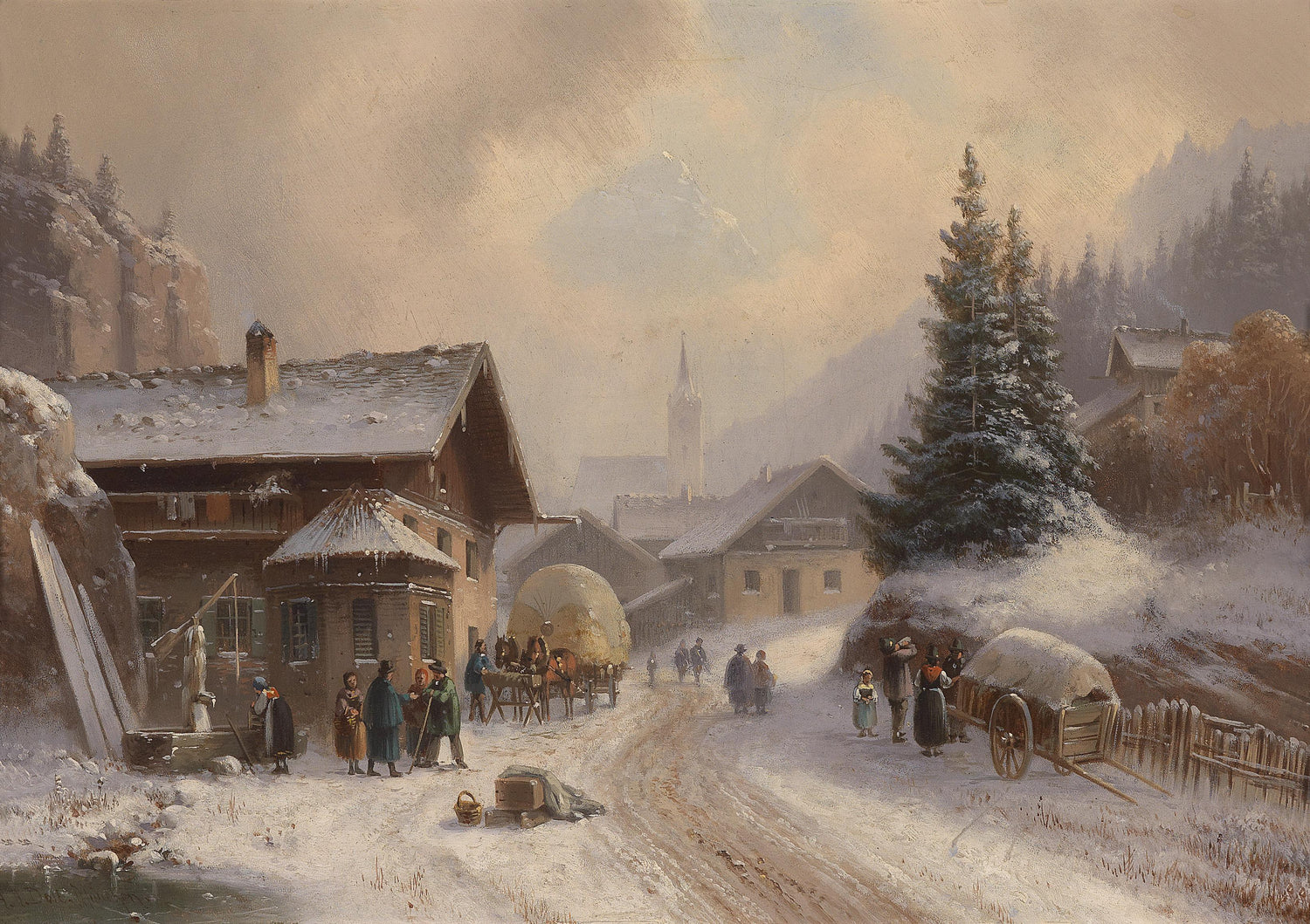 Landscape Oil Painting - Alpine Winter Village, Snowy Cottages, Carriage