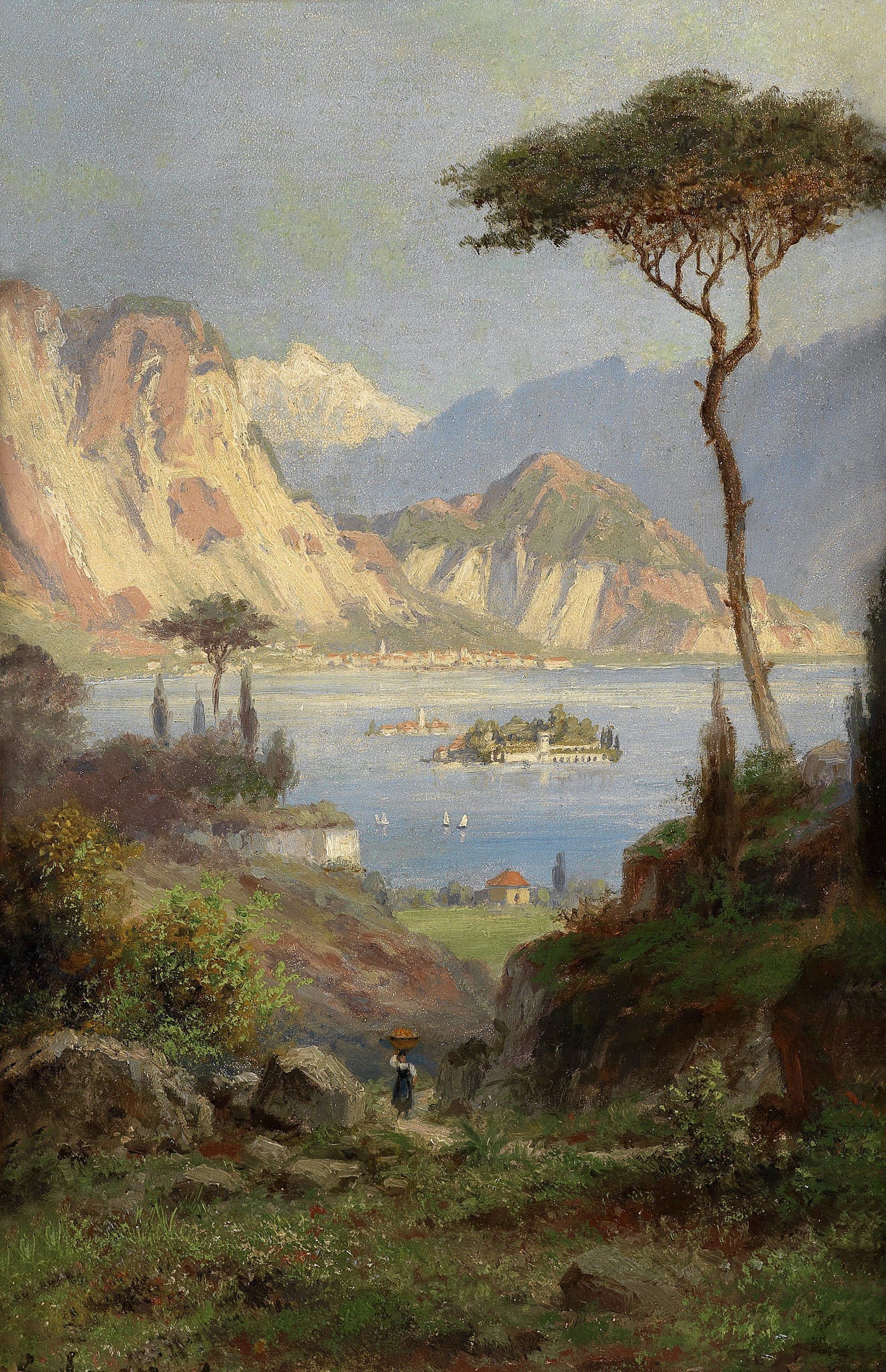 Landscape Oil Painting - Italian Lake, Mountain Peaks & Path Figure