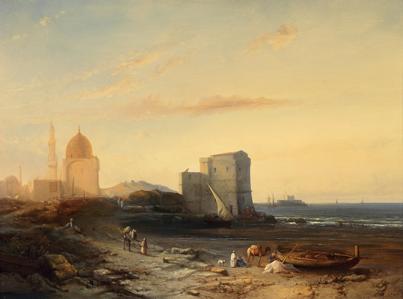Landscape Oil Painting - Coastal Middle Eastern Town, Mosque, Camels