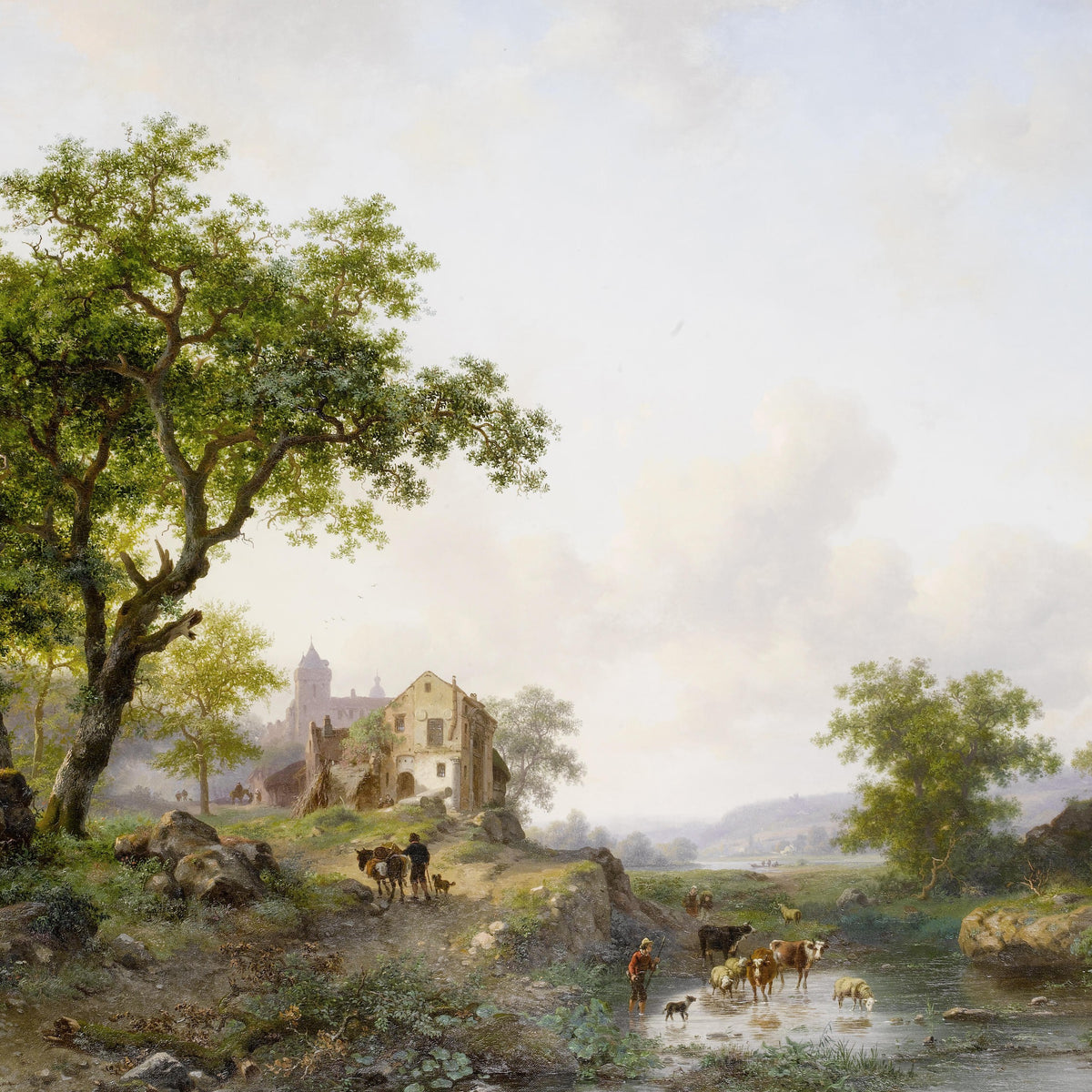 Landscape Oil Painting - Rural Stream, Livestock & Towered Buildings