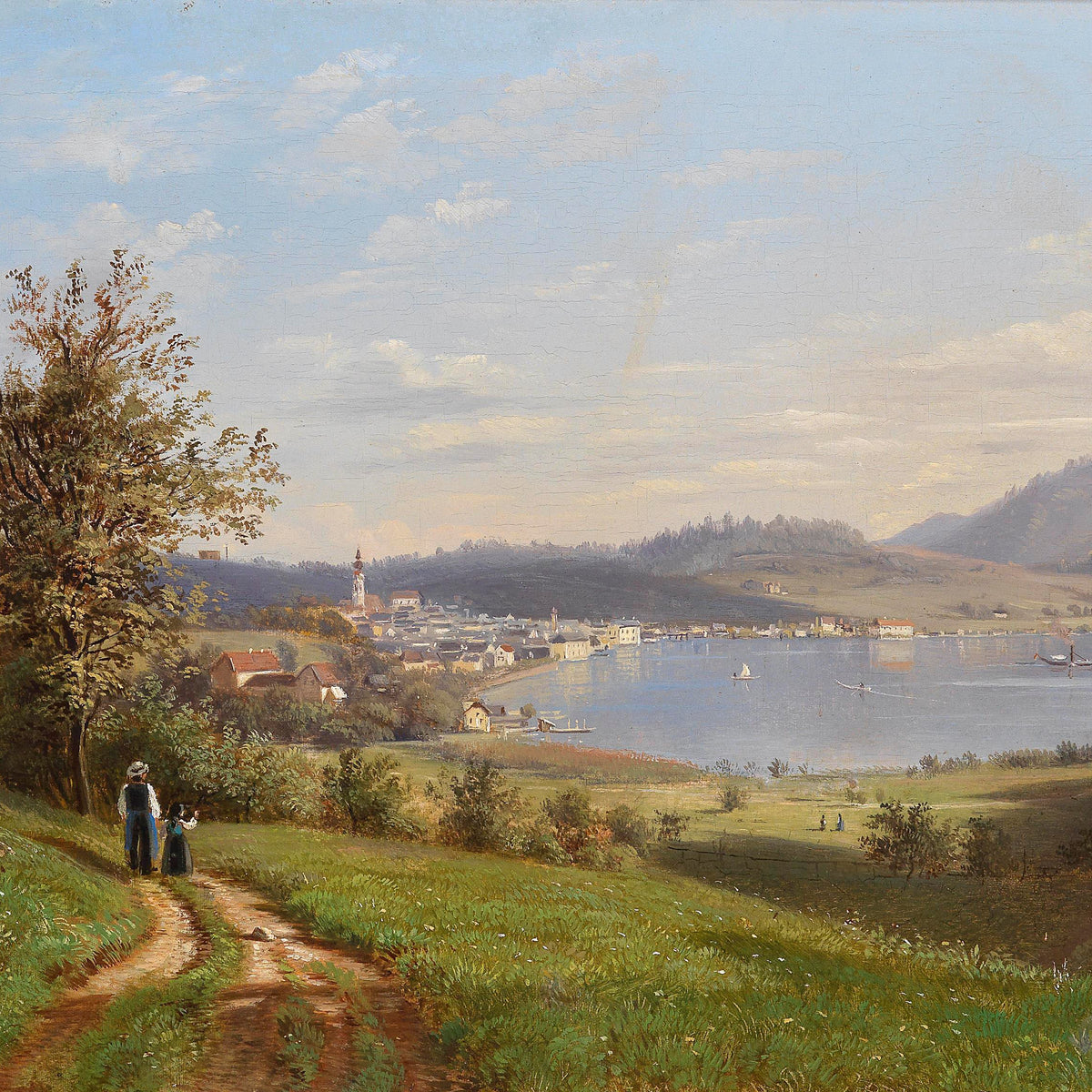 Landscape Oil Painting - Lakeside Town, Path, Figures & Lake Boats
