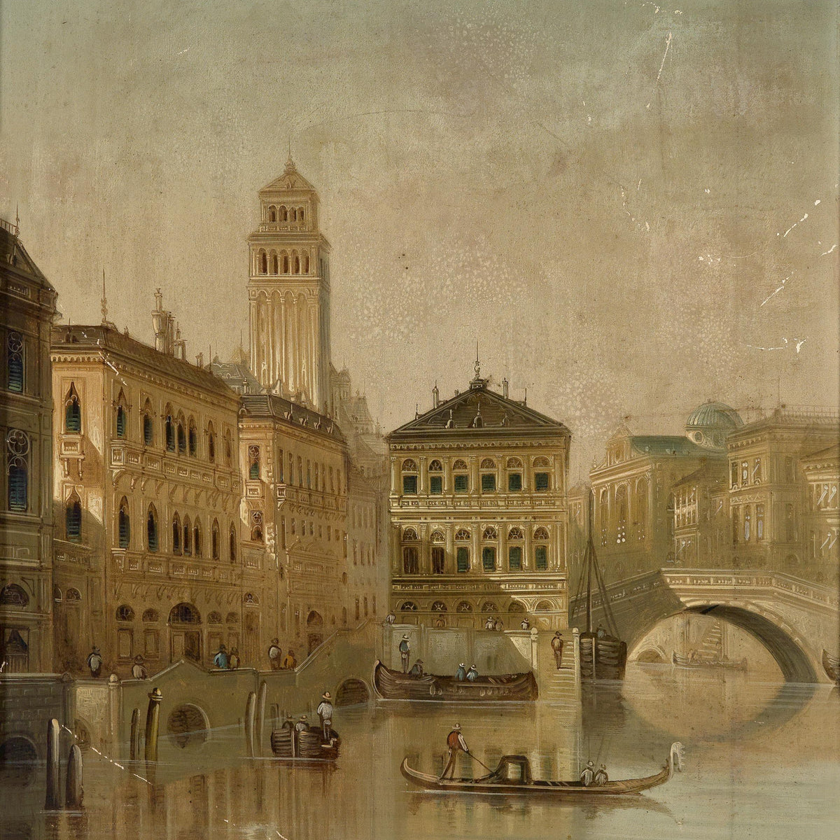 Landscape Oil Painting - Venice Canal, Gondolas, Bell Tower & Buildings