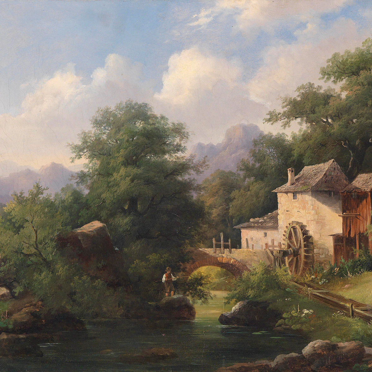 Landscape Oil Painting - Riverside Water Mill, Angler, Stone Bridge
