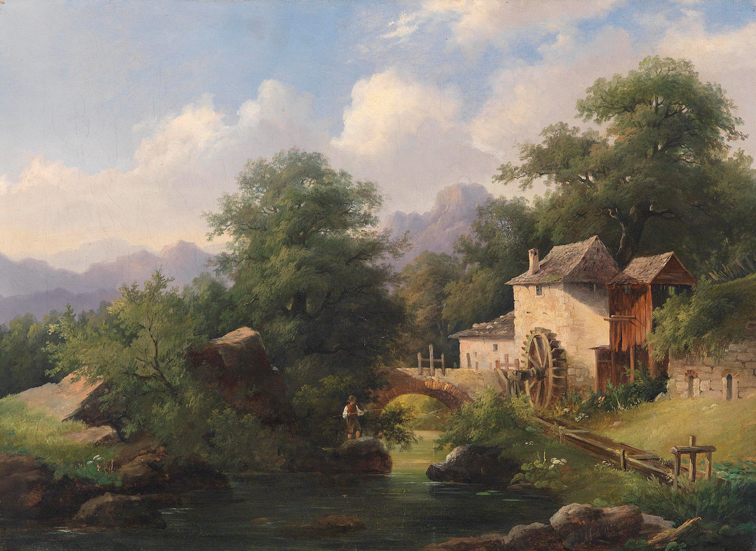 Landscape Oil Painting - Riverside Water Mill, Angler, Stone Bridge