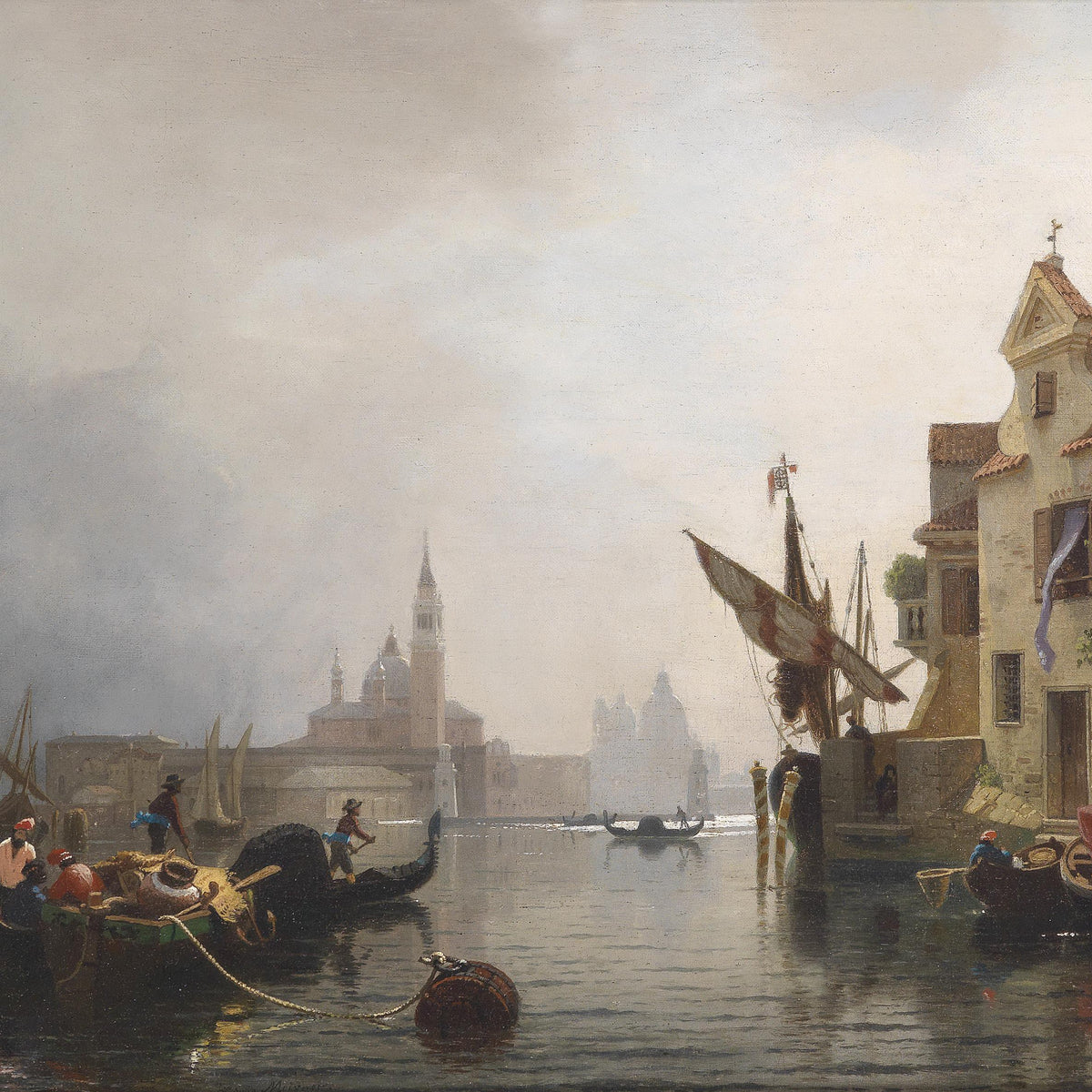 Landscape Oil Painting - Venice Canal Waterfront, Gondolas, Buildings