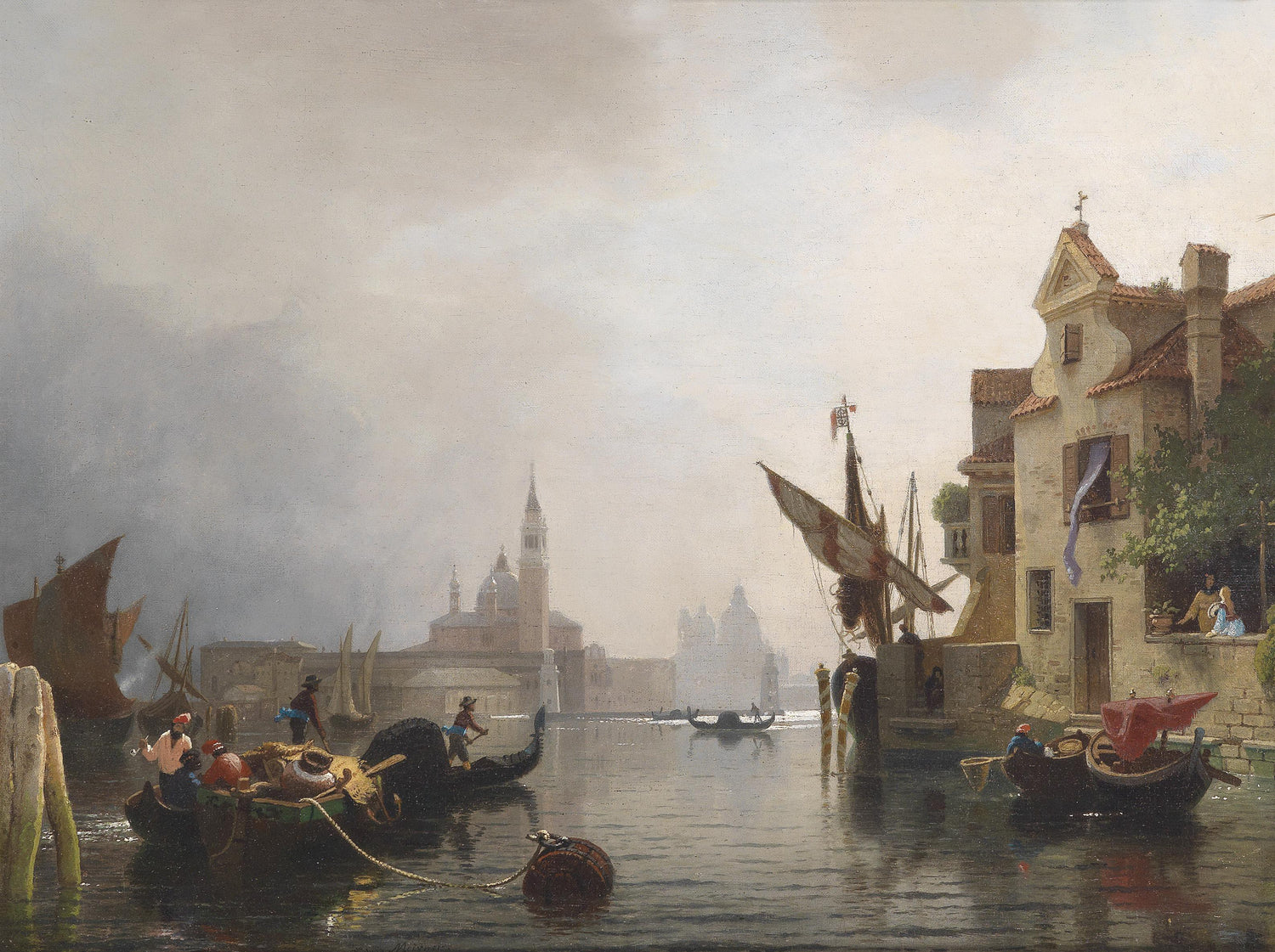 Landscape Oil Painting - Venice Canal Waterfront, Gondolas, Buildings