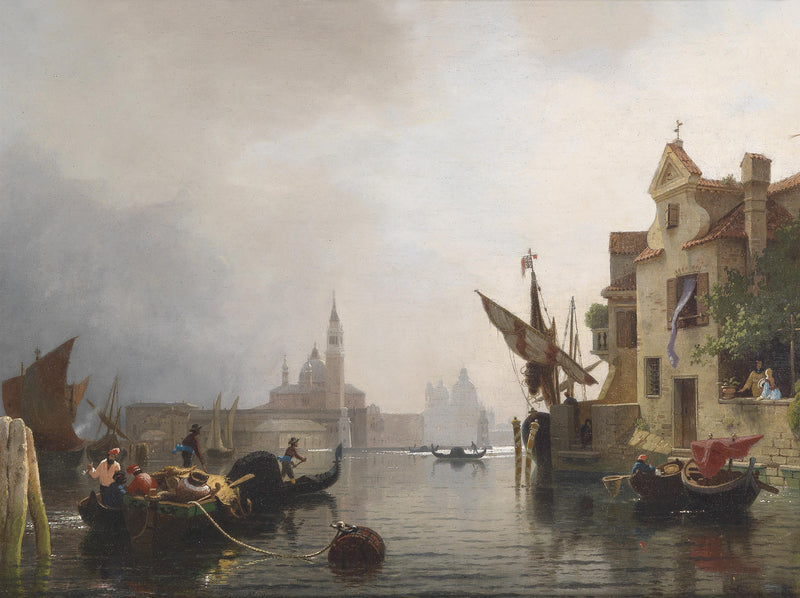 Landscape Oil Painting - Venice Canal Waterfront, Gondolas, Buildings