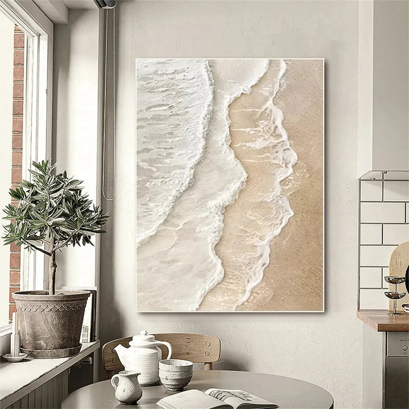 Abstract Oil Painting - Beige Shoreline Waves Textured Wall Art