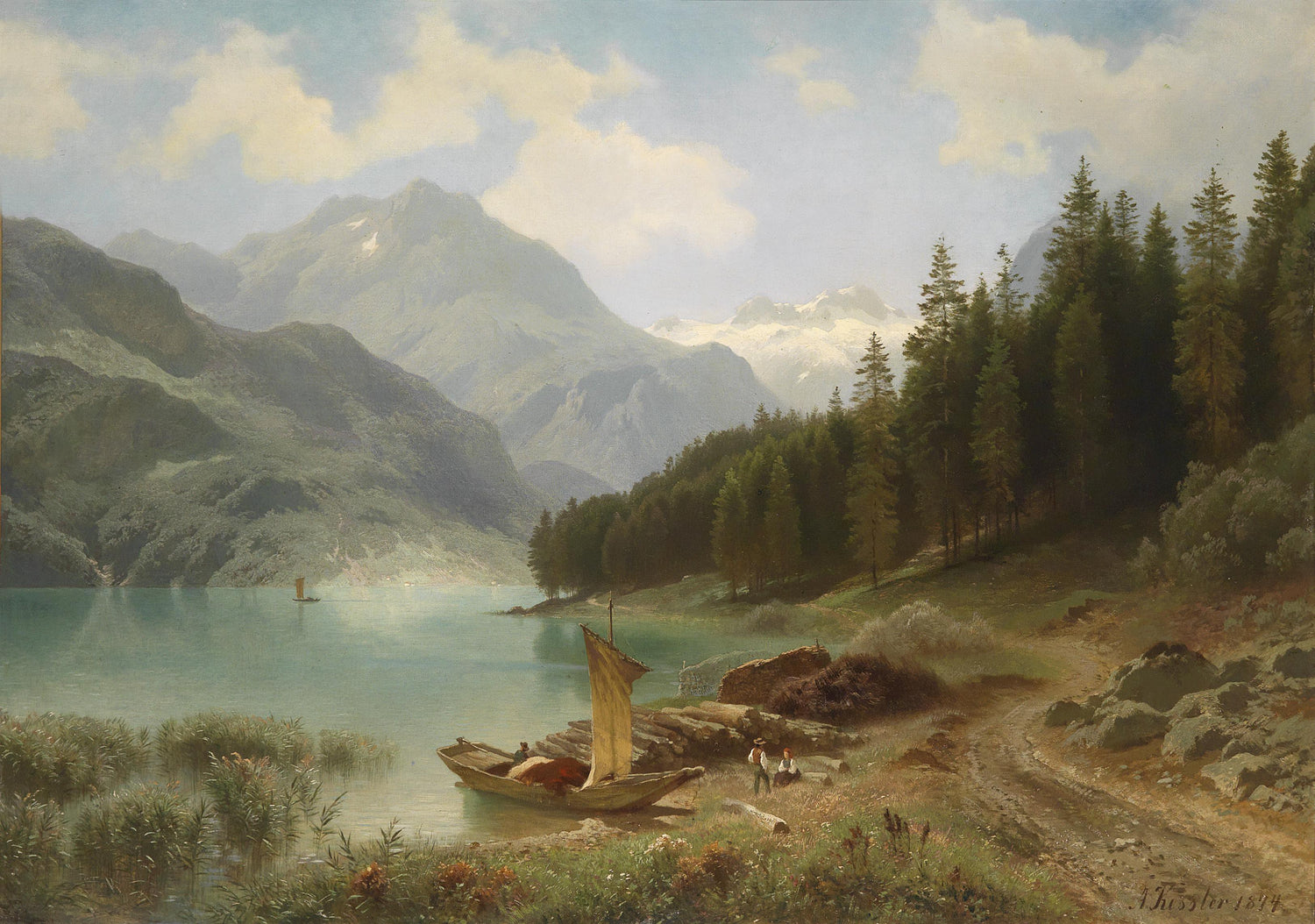 Landscape Oil Painting - Alpine Lake, Sailboat, Figures & Snow Peaks