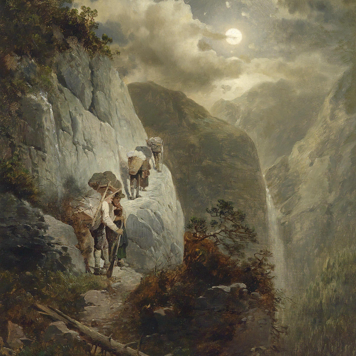 Landscape Oil Painting - Moonlit Mountain Cliff Path, Porters, Waterfall