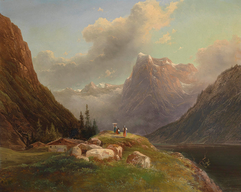 Landscape Oil Painting - Alpine Mountain Valley Lake & Snow Peaks