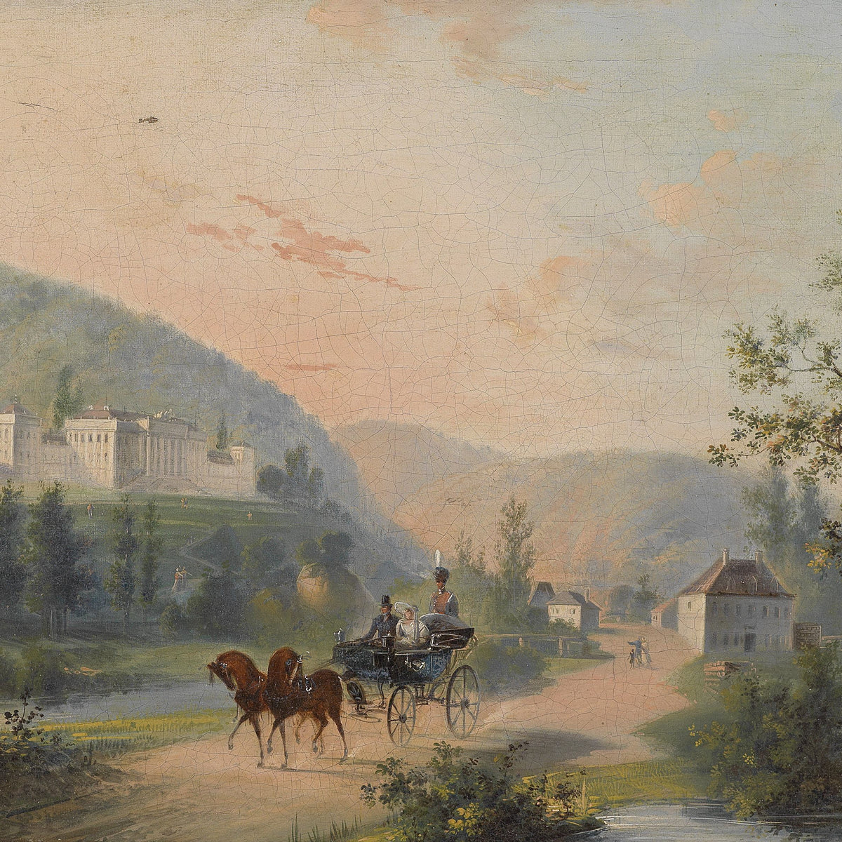 Landscape Oil Painting - 19th-Century Hilltop Estate, Horse-Drawn Carriage