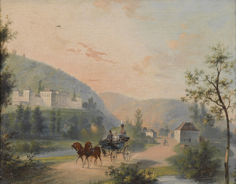 Landscape Oil Painting - 19th-Century Hilltop Estate, Horse-Drawn Carriage