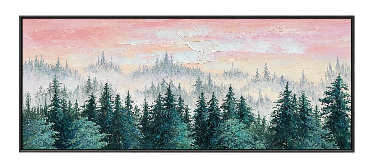 Peinture à l’huile abstraite – Ciel rose au-dessus d’une forêt de pins embrumée