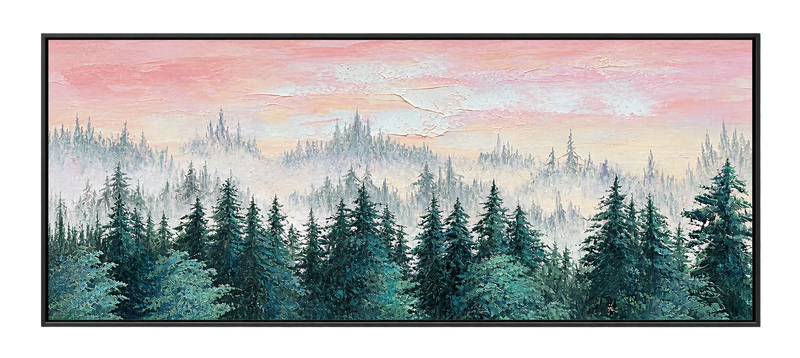 Peinture à l’huile abstraite – Ciel rose au-dessus d’une forêt de pins embrumée