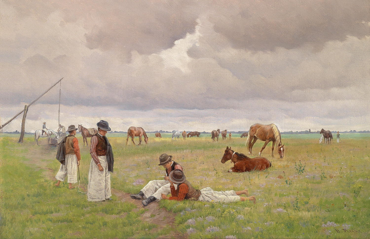 Landscape Oil Painting - Pastoral Ranch, Herders, Horses & Overcast Skies