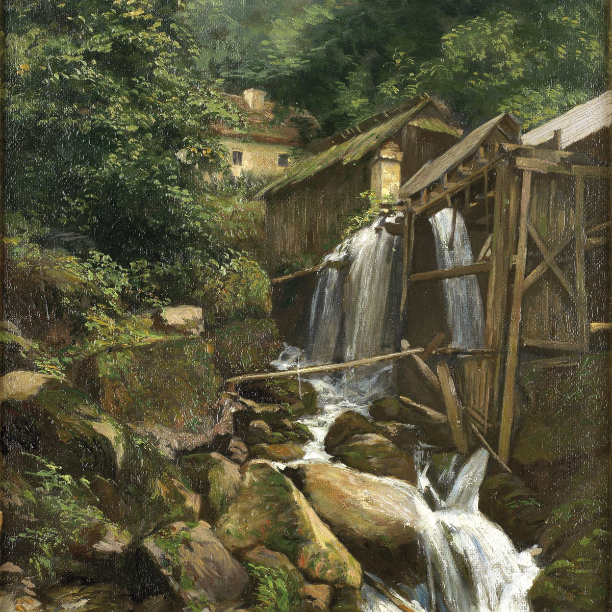 Landscape Oil Painting - Rural Water Mill, Waterfall, Stream, Cottages