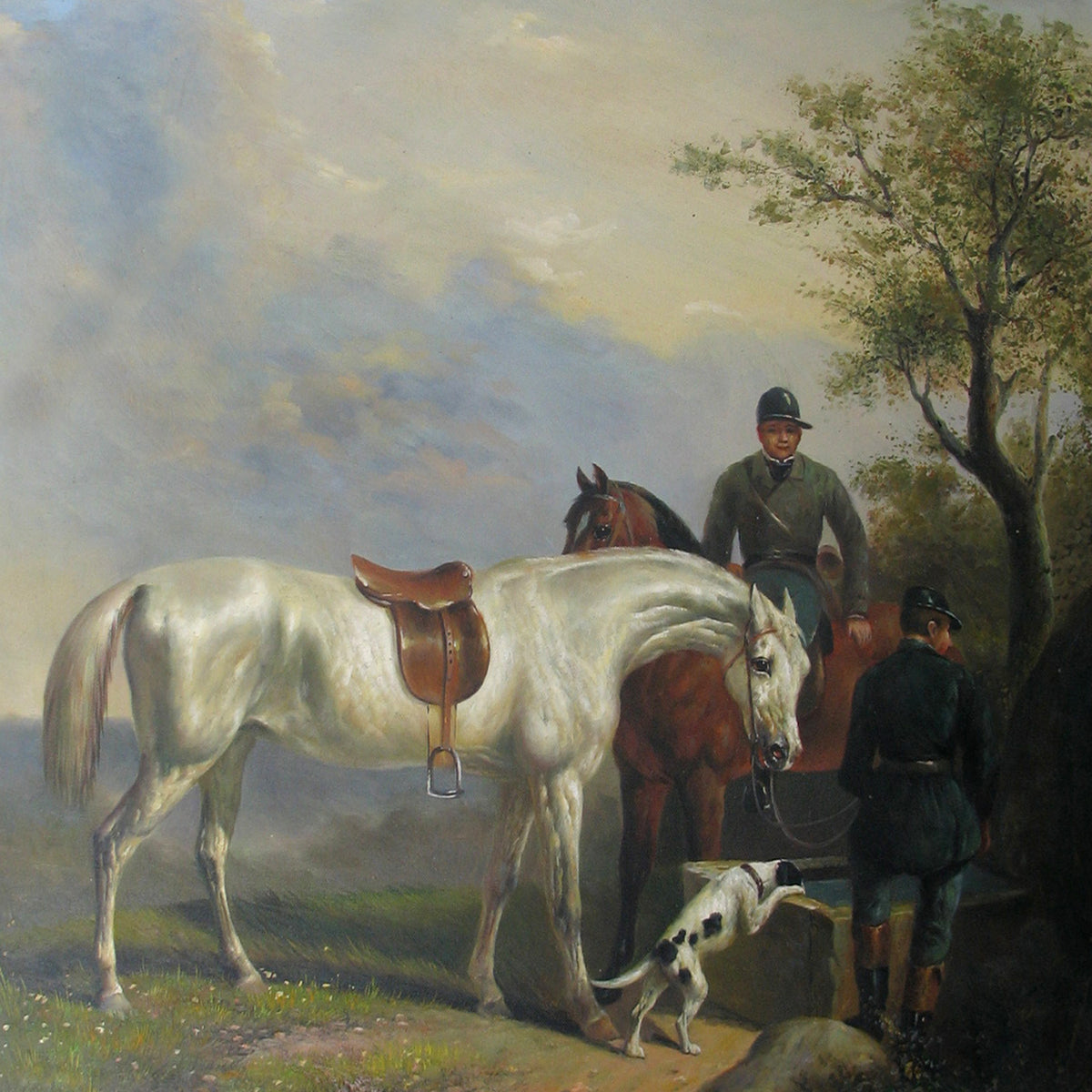 Landschaftsgemälde in Öl – Frühlingsfluss mit Fischer und Bäumen