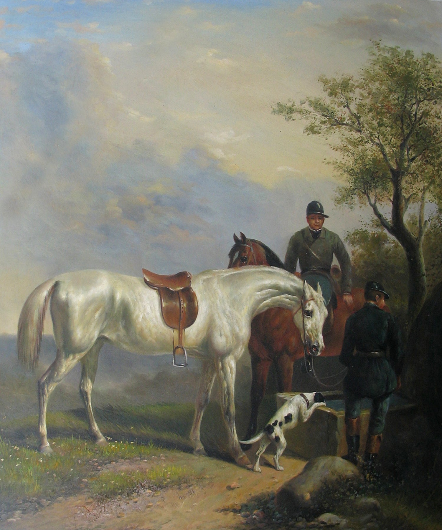 Landschaftsgemälde in Öl – Frühlingsfluss mit Fischer und Bäumen