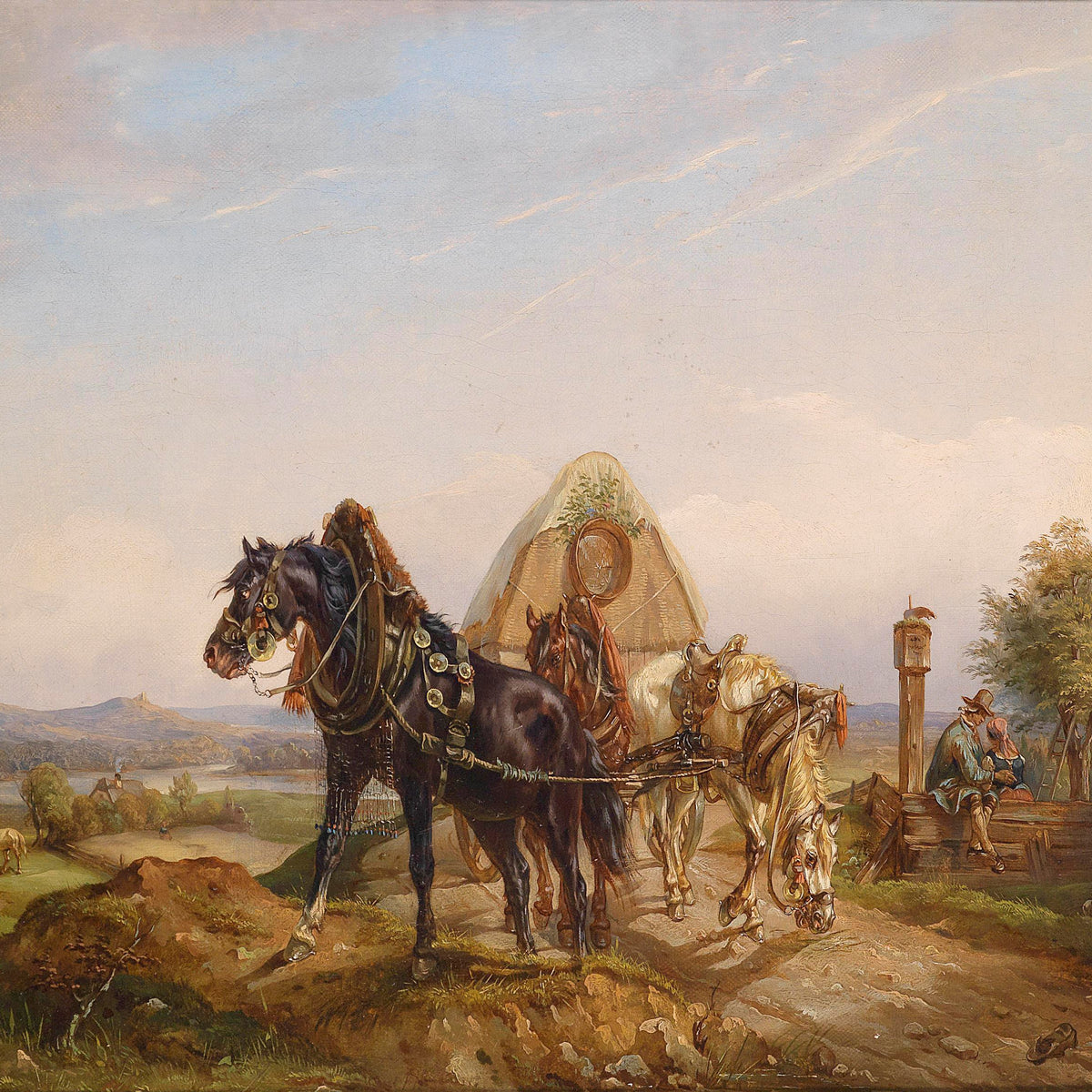Landscape Oil Painting - Rural Horse-Drawn Cart, Haystack, Figures