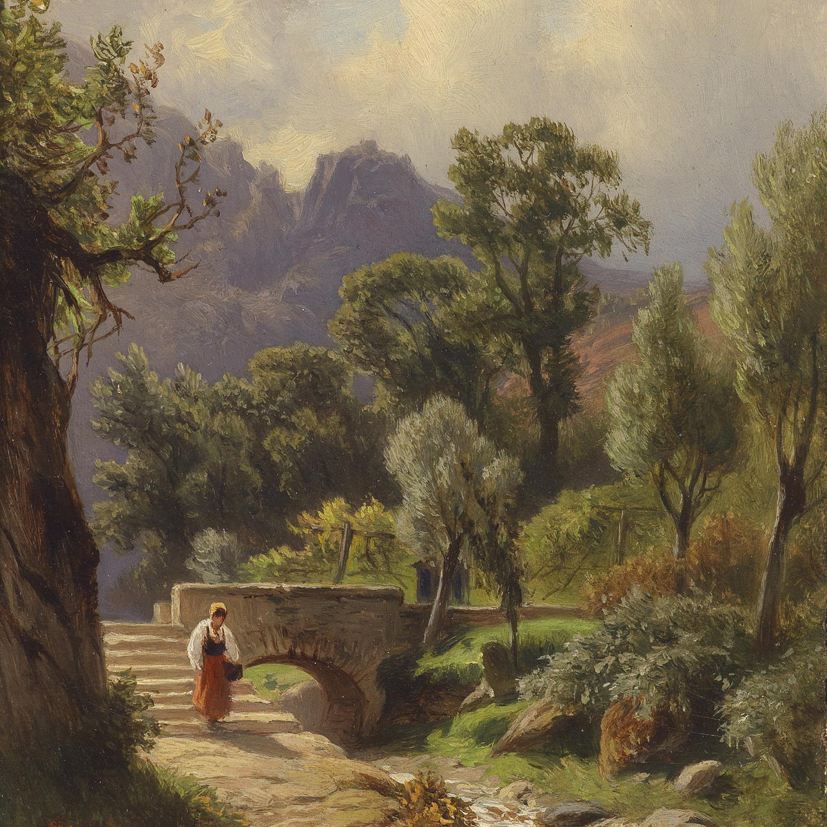 Landscape Oil Painting - Mountain Valley Stream,Stone Bridge, Peasant