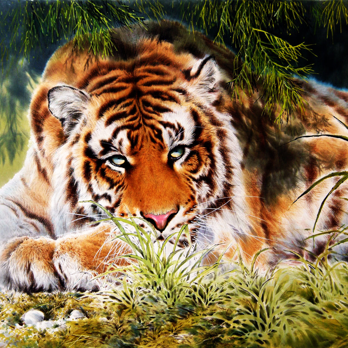 Animals Oil Painting - Hand-Painted Resting Tiger Portrait