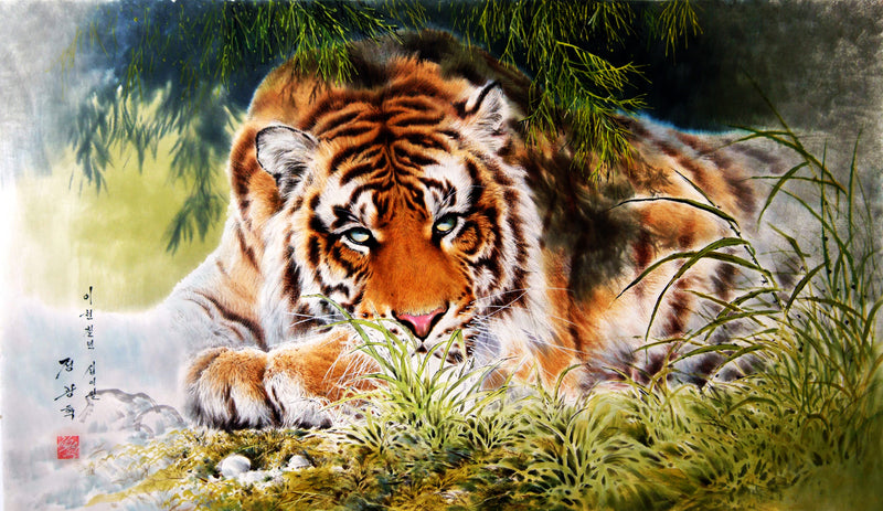Animals Oil Painting - Hand-Painted Resting Tiger Portrait