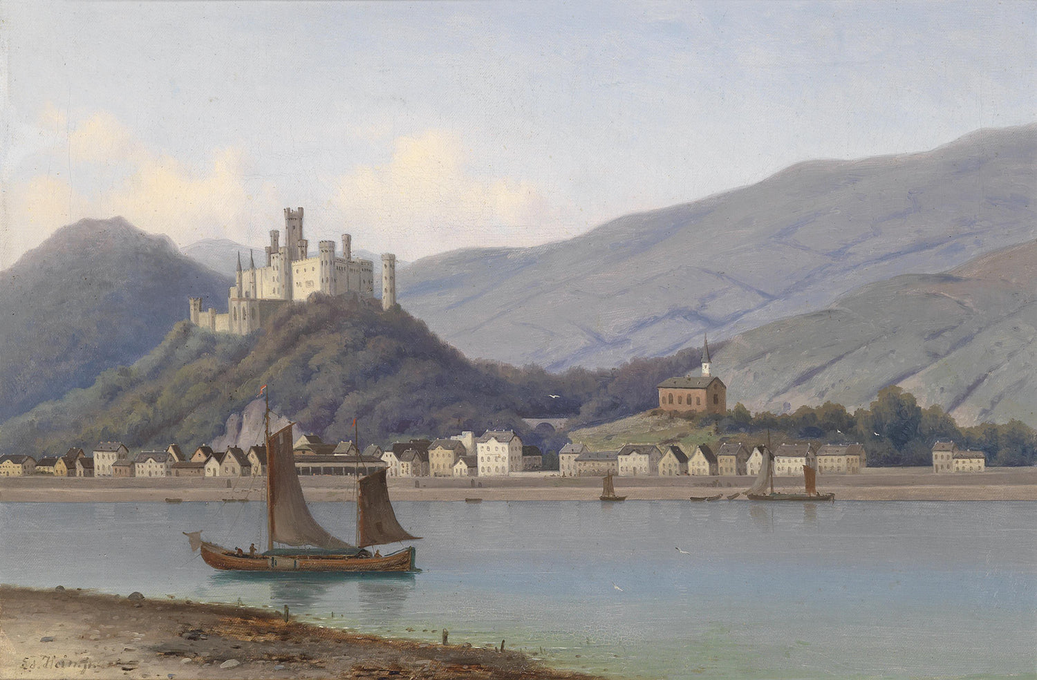 Landscape Oil Painting - Riverside Town & Castle,Sailboats, Church