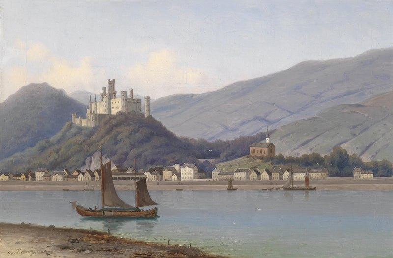 Landscape Oil Painting - Riverside Town & Castle,Sailboats, Church