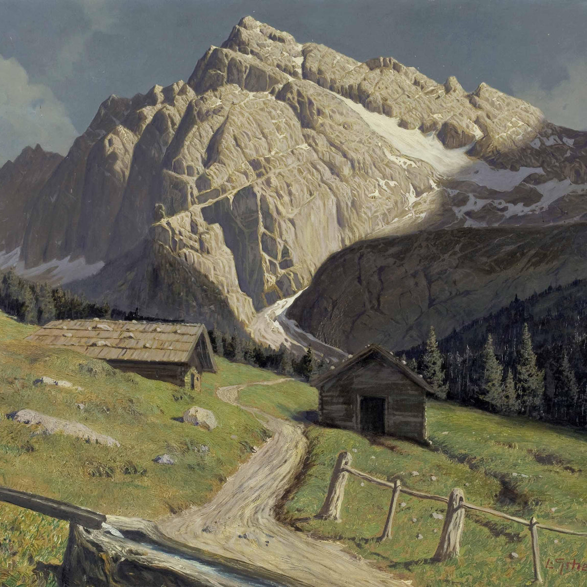 Landscape Oil Painting - Alpine Mountain, Path, Fence & Pine Forest