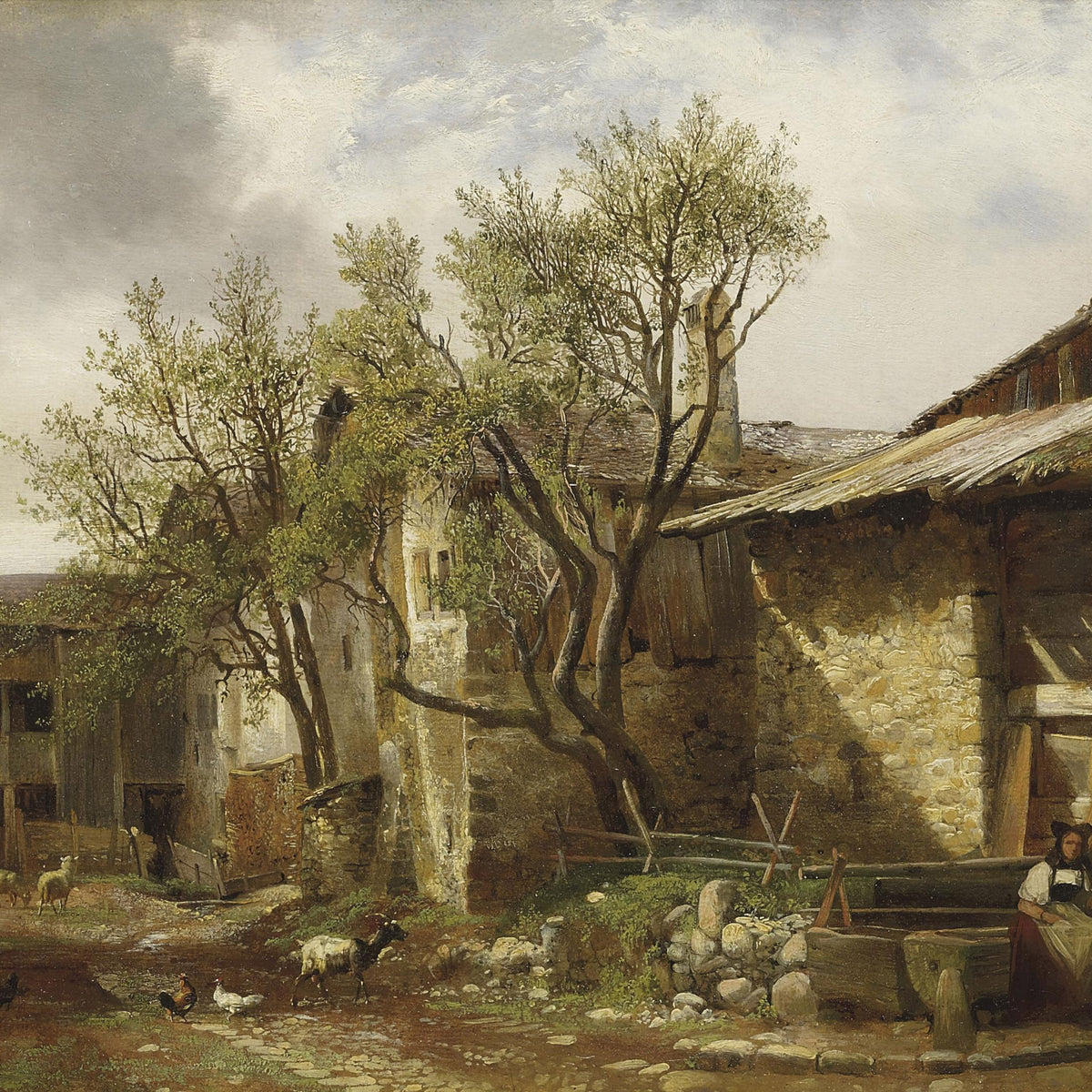 Landscape Oil Painting - Rural Farmyard, Peasant Woman & Wood Buildings