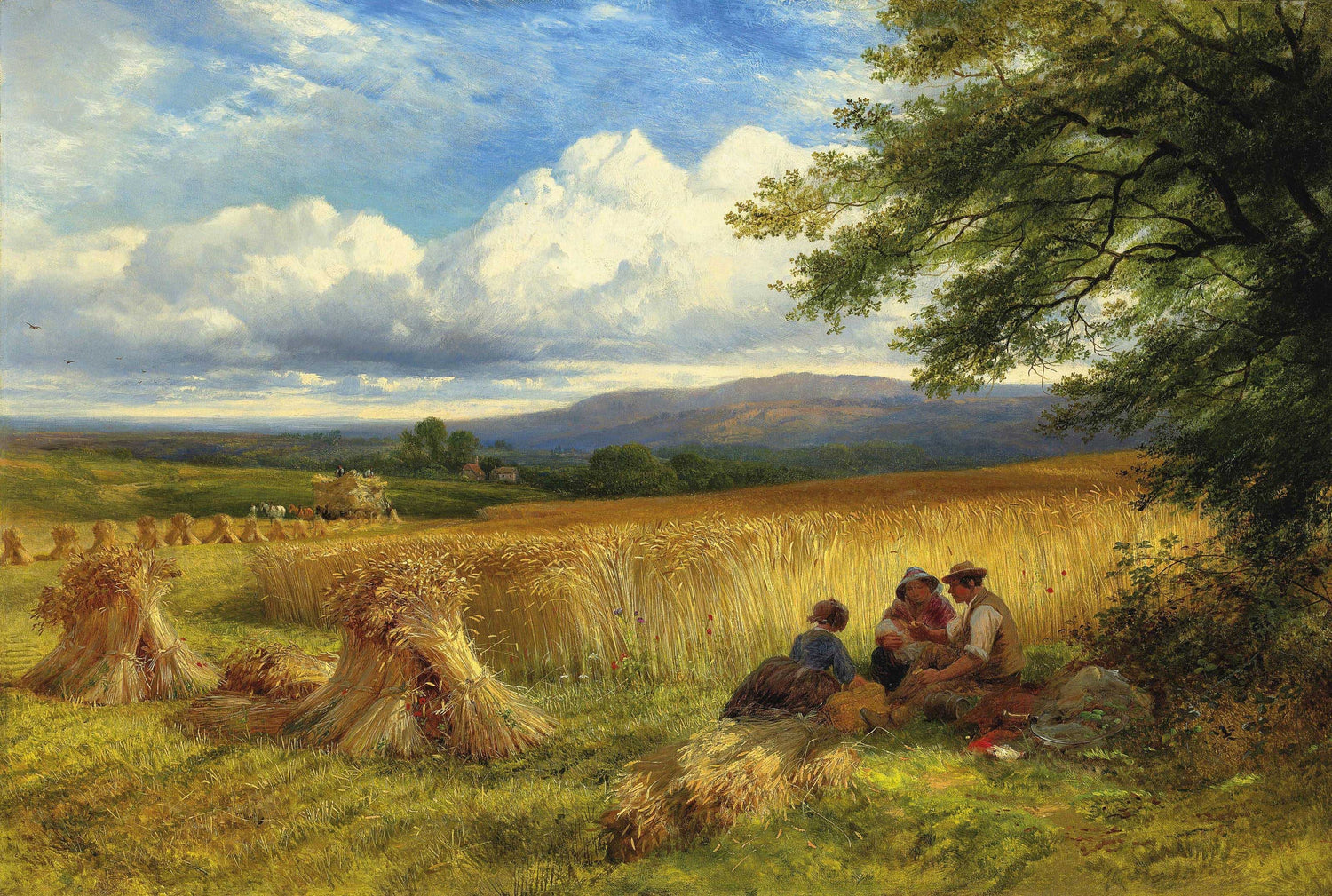 Landscape Oil Painting - Harvest Field, Farmers, Haystacks & Wheat