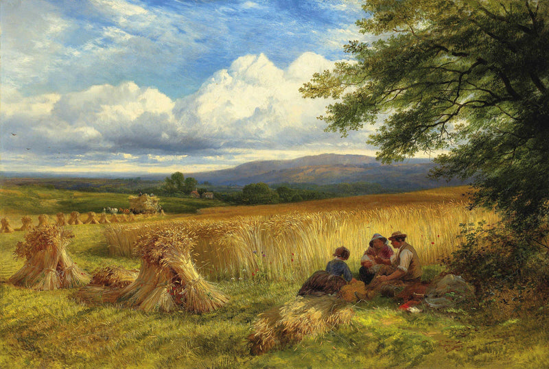 Landscape Oil Painting - Harvest Field, Farmers, Haystacks & Wheat