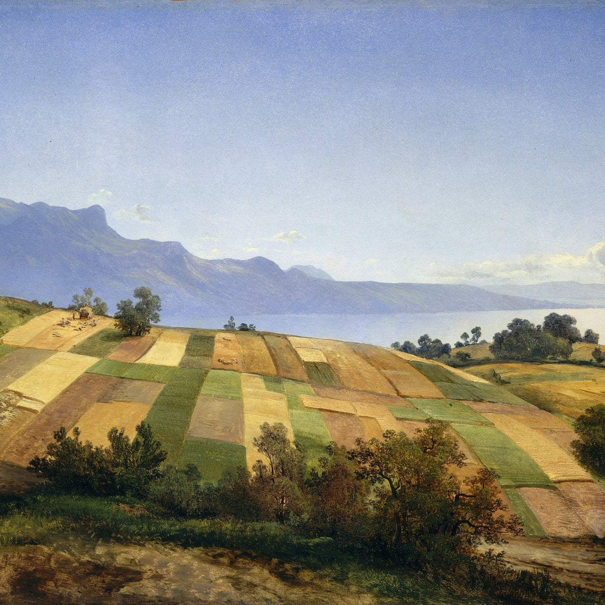 Landscape Oil Painting - Terraced Farmland, Lake & Mountain Peaks