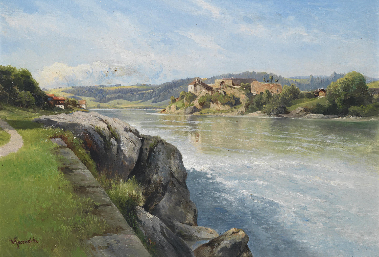 Landscape Oil Painting - Riverside River, Rocky Bank, Ruins & Green Hills