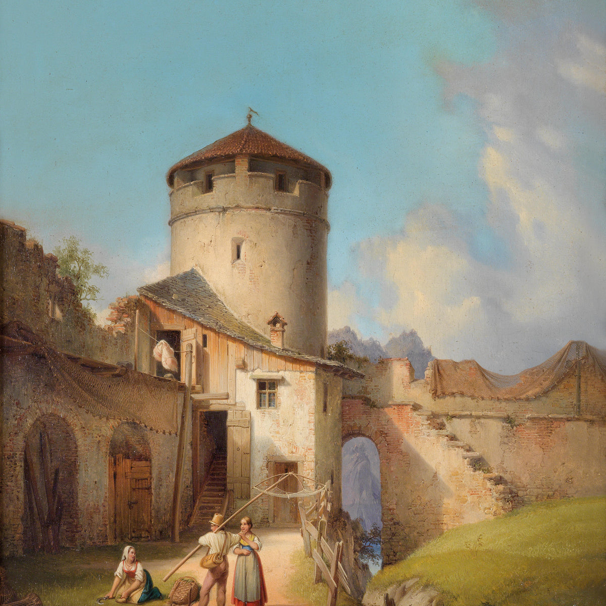 Landscape Oil Painting - Ancient Circular Tower Ruins & Villagers Rural