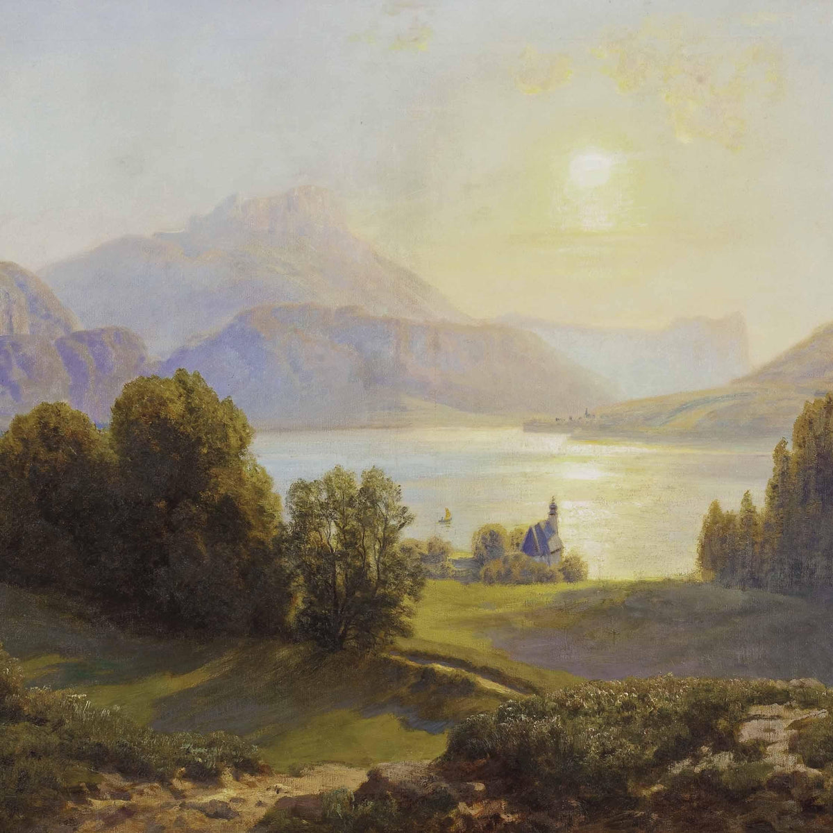 Landscape Oil Painting - Lakeside Mountain, Chapel, Boat & Soft Light