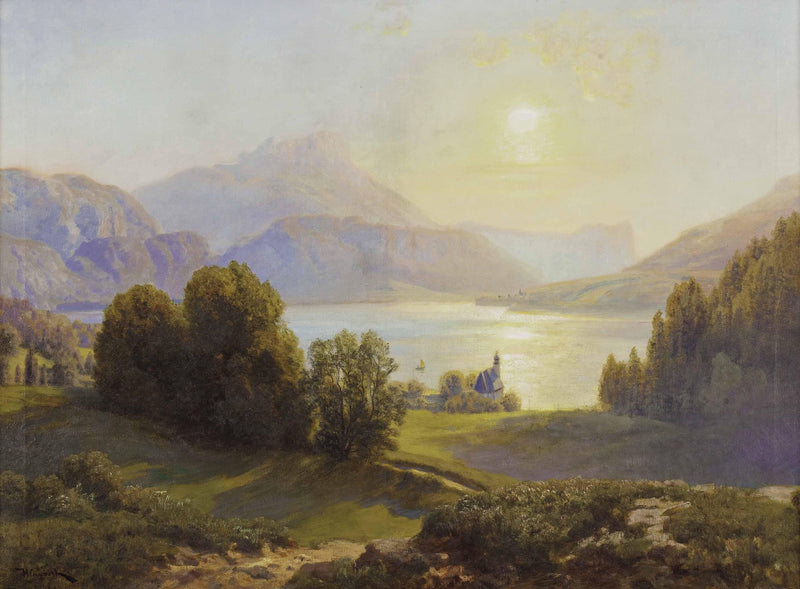 Landscape Oil Painting - Lakeside Mountain, Chapel, Boat & Soft Light