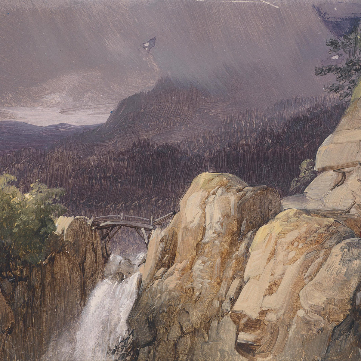 Landscape Oil Painting -Mountain Cliff Waterfall, Wooden Bridge, Figures