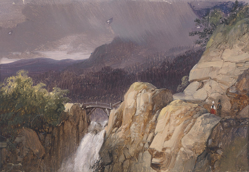 Landscape Oil Painting -Mountain Cliff Waterfall, Wooden Bridge, Figures