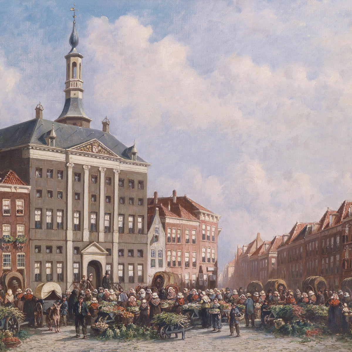 Landscape Oil Painting - Dutch City Square Marke, Ornate Spired Building