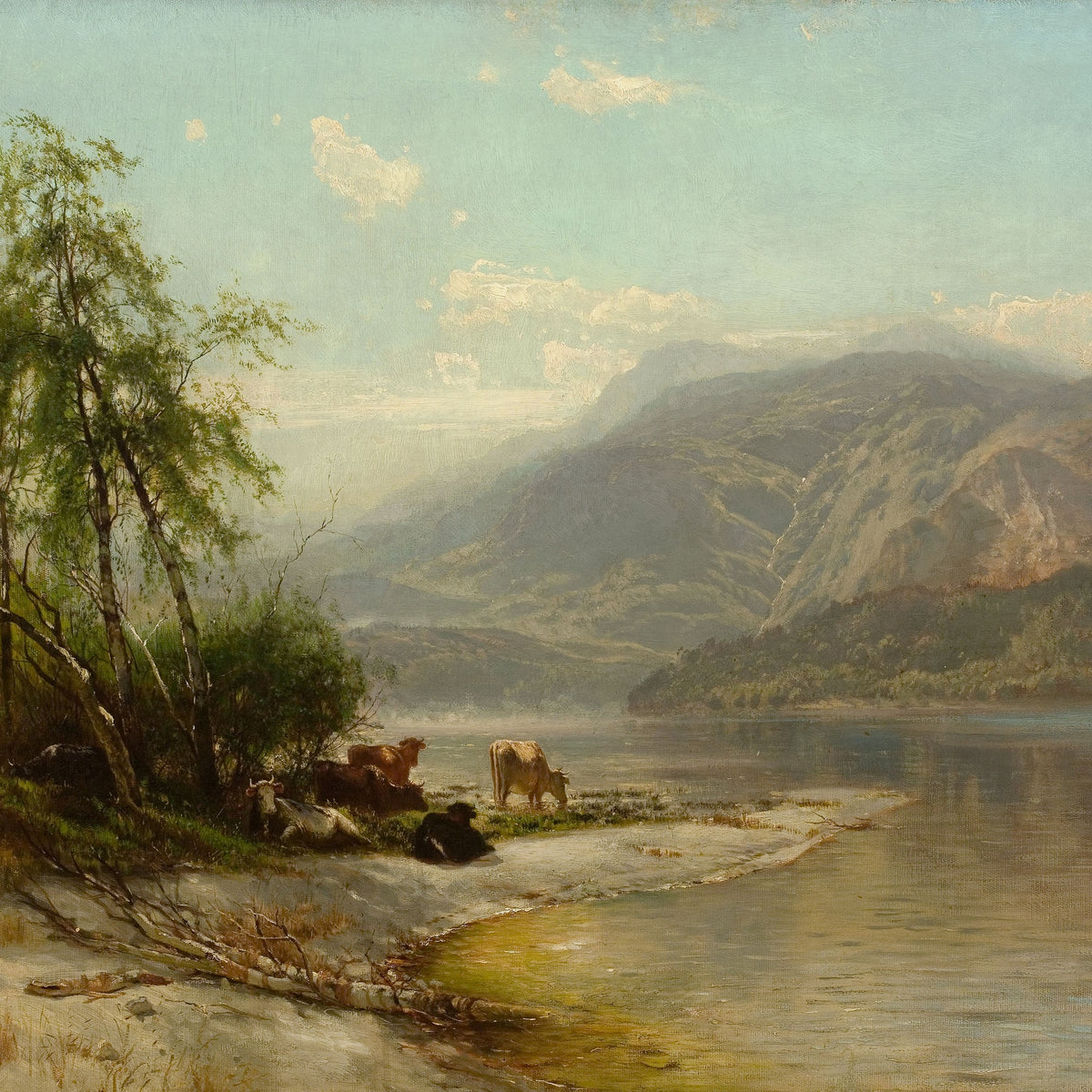Landscape Oil Painting - Lake Shore Cattle, Mountains & Trees