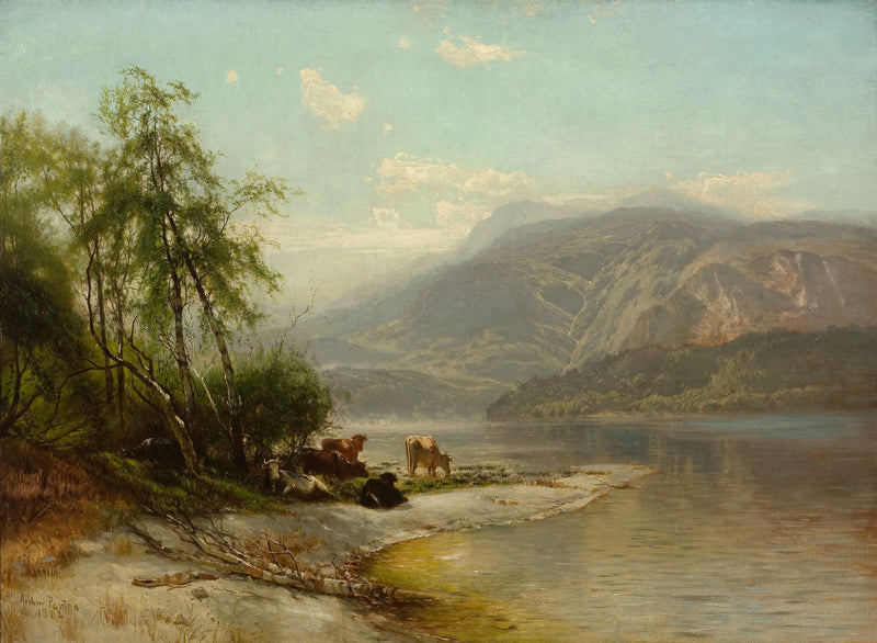 Landscape Oil Painting - Lake Shore Cattle, Mountains & Trees