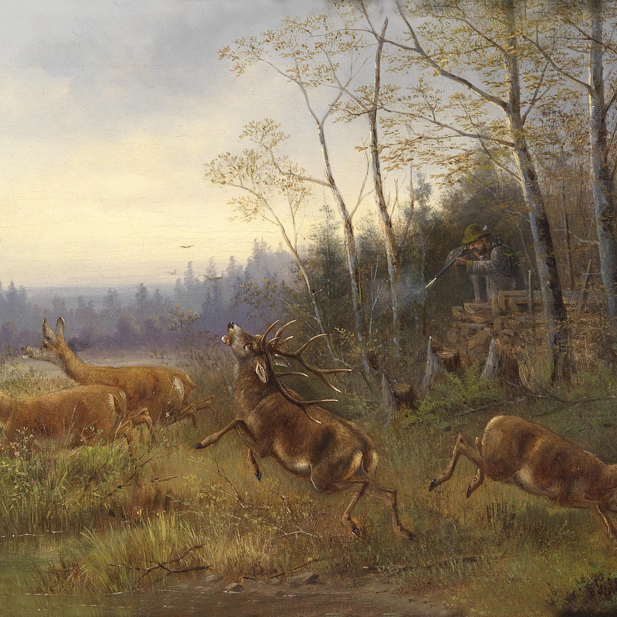 Landscape Oil Painting - Forest Hunting, Deer Herd, Hunter & Autumn Woods