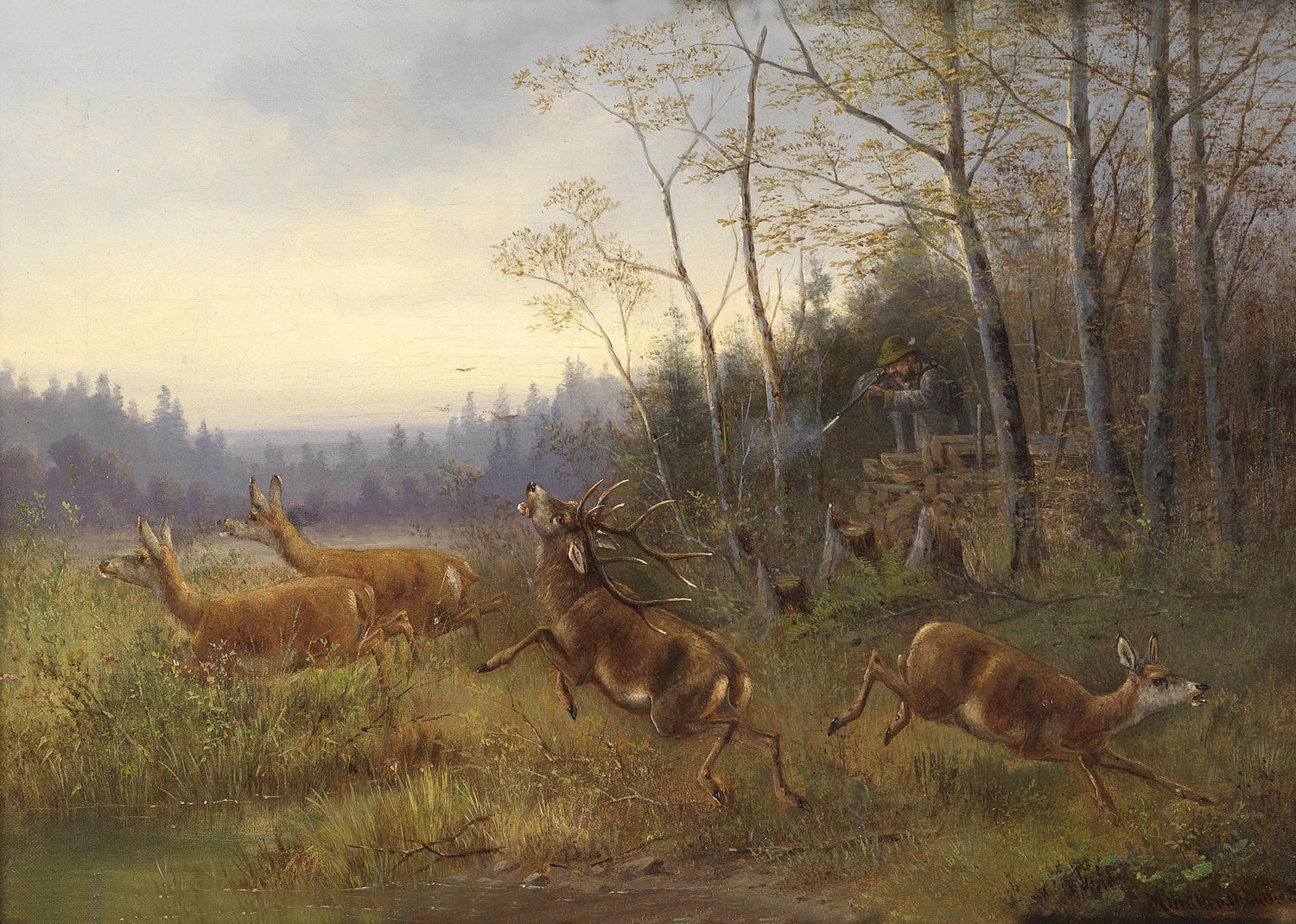 Landscape Oil Painting - Forest Hunting, Deer Herd, Hunter & Autumn Woods