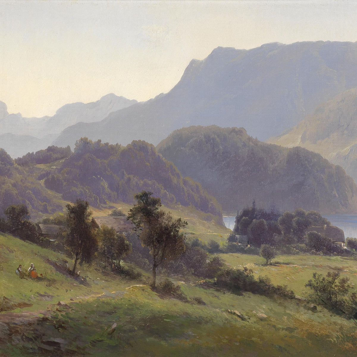 Landscape Oil Painting - Valley Lake, Cottages, Figures & Mountains