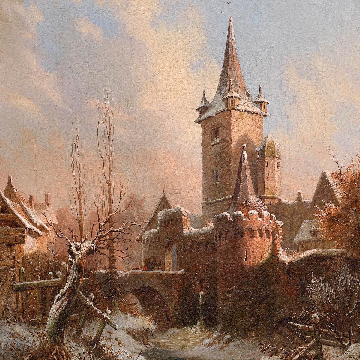 Landscape Oil Painting - Medieval Castle Tower Winter, Snowy Bridge