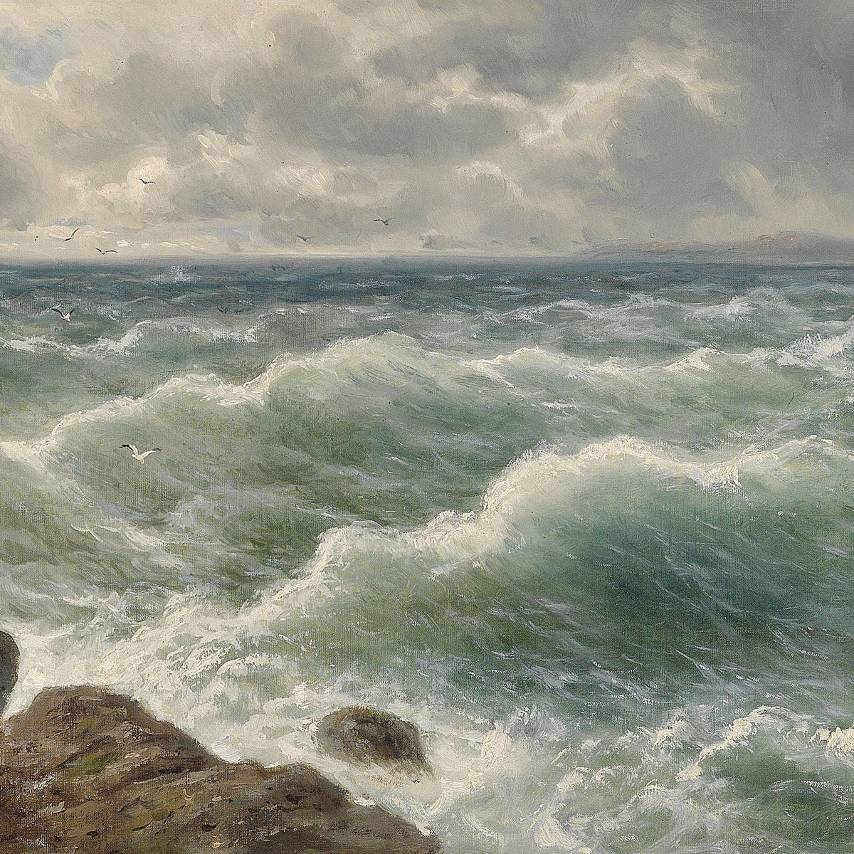 Landscape Oil Painting - Seascape, Turbulent Waves, Rocky Shore
