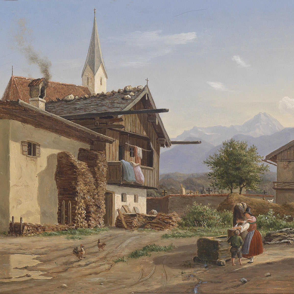 Landscape Oil Painting - Alpine Village Life, Chalet, Church & Mountain