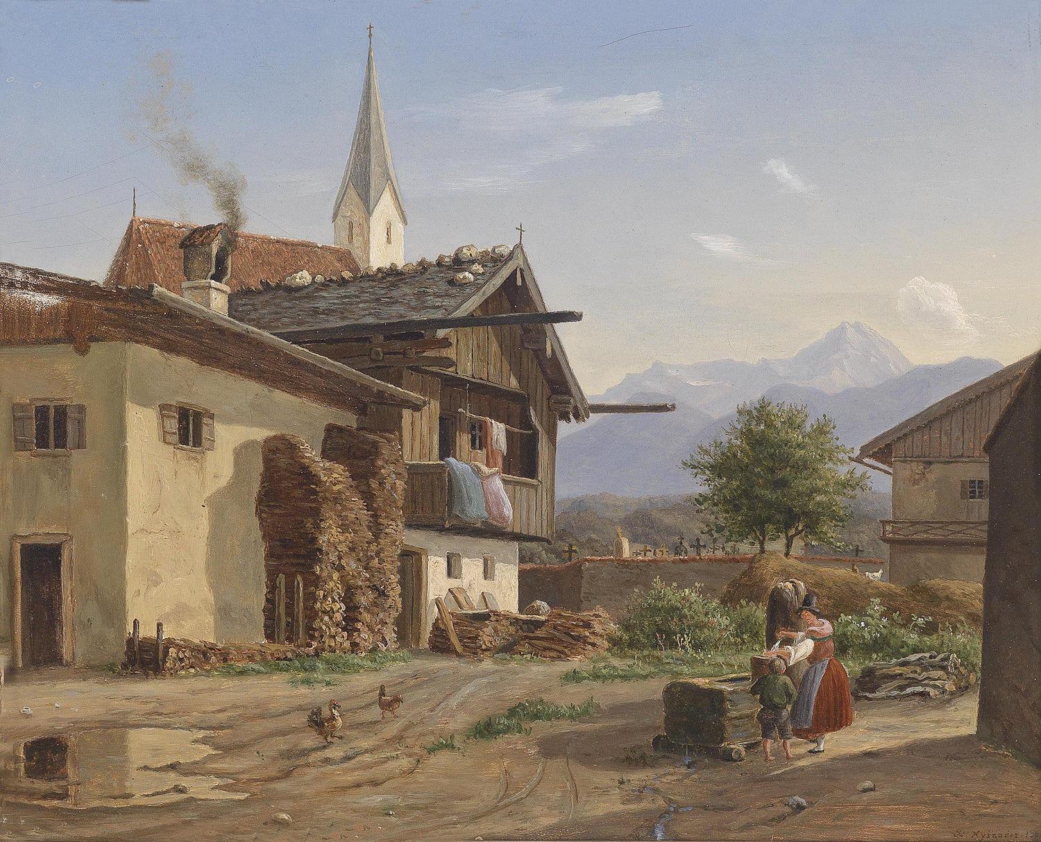 Landscape Oil Painting - Alpine Village Life, Chalet, Church & Mountain